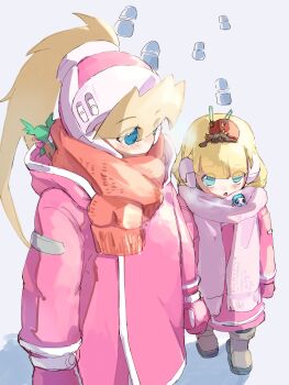 2girls absurdres alouette_(mega_man) ciel_(mega_man) coat gloves high_ponytail highres hood hood_down hooded_coat long_hair mega_man_(series) mega_man_zero_(series) multiple_girls omochi_(mochi_skymega) pink_coat pink_gloves ponytail red_scarf robot_ears scarf snow walking