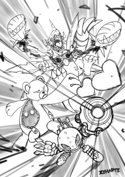 Rule 34 | claws, cyborg, digimon, digimon (creature), highres, looking at viewer, metalgreymon (virus), metalmamemon, monzaemon, zipper pull tab