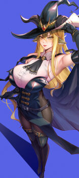 Rule 34 | 1girl, absurdres, animal ears, arknights, armpits, ascot, bare shoulders, black ascot, black dress, black footwear, black gloves, black headwear, blonde hair, blue background, boots, breasts, cape, cleavage, degenbrecher (arknights), detached collar, dress, full body, gloves, goat ears, goat girl, goat horns, hat, highres, horns, horns through headwear, huge breasts, long hair, looking at viewer, pelvic curtain, simple background, solo, standing, thigh boots, thighhighs, very long hair, witch hat, yellow eyes, zhait007