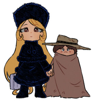 1boy 1girl black_boots black_capelet black_dress black_hat blonde_hair boots briefcase brown_cloak capelet chibi cloak daitoko drawstring dress fur-trimmed_capelet fur-trimmed_dress fur_hat fur_trim ginga_tetsudou_999 hat highres holding holding_briefcase holding_hands hoshino_tetsurou long_hair maetel pom_pom_(clothes) pom_pom_drawstring simple_background very_long_hair white_background wide_brim