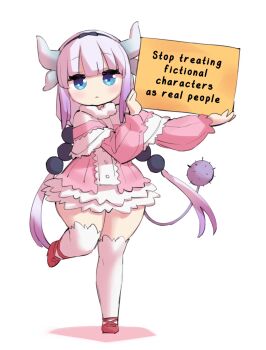 1girl :< blue_eyes blunt_bangs blush borvar bow dragon_girl dragon_tail dress english_text female_focus full_body hair_bow higher_resolution_available highres horns kanna_kamui kobayashi-san_chi_no_maidragon long_hair looking_at_viewer purple_hair sign simple_background solo standing standing_on_one_leg tail text_focus thick_thighs thighs twintails white_background wide_hips