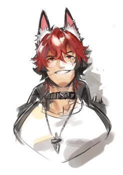 Rule 34 | 1boy, absurdres, animal ear fluff, animal ear piercing, animal ears, black hair, black jacket, clenched teeth, collar, commentary request, crossed bangs, dog boy, dog ears, hair between eyes, harunima, highres, jacket, jewelry, komano manato, leaf in mouth, looking up, male focus, muscular, muscular male, necklace, parted lips, pectorals, portrait, red eyes, red hair, scar, scar across eye, scar on chest, scar on face, shirt, short hair, simple background, solo, spiked jacket, teeth, white background, white shirt, zenless zone zero