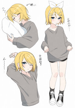 1girl alternate_costume ankle_socks arms_up black_shoes black_shorts black_socks blonde_hair blue_eyes blush bow bow_hairband casual closed_eyes collarbone commentary double-parted_bangs english_commentary full_body grey_shirt hair_between_eyes hairband highres hugging_object kagamine_rin kaneko_2019 long_sleeves looking_at_viewer medium_hair multiple_views one_eye_closed pillow pillow_hug pout shirt shoes short_shorts shorts sidelocks simple_bat sleeping sneakers socks stretching upper_body v-neck vocaloid white_background white_bow white_hairband