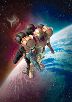 2girls 3d absurdres androgynous armor back-to-back dark_samus helmet highres metroid metroid_prime_3:_corruption multiple_girls nintendo official_art outdoors planet power_suit_(metroid) samus_aran space varia_suit