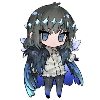 1boy blue_eyes cape chibi chibi_only circlet closed_mouth collared_shirt commentary_request fate/grand_order fate_(series) full_body grey_cape grey_hair highres long_sleeves looking_at_viewer miroku_(butuzo33) no_nose oberon_(fate) oberon_(third_ascension)_(fate) shirt short_hair simple_background solo white_background white_shirt wings