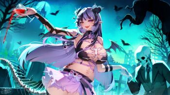1girl absurdres alcohol arm_belt armpits artist_name bare_tree bat_(animal) bat_wings belt black_belt black_hair black_necktie black_suit black_wings breasts collared_shirt cup earrings formal_clothes heterochromia highres holding holding_cup indie_virtual_youtuber jewelry large_breasts long_hair moon multicolored_hair necktie open_mouth pointy_ears purple_eyes purple_hair red_eyes red_wine shirt skeleton smile spilling sprinkle_hershy streaked_hair suit teeth tombstone torn_clothes torn_sleeves tree twitter_username upper_teeth_only virtual_youtuber weiic white_shirt wine wings