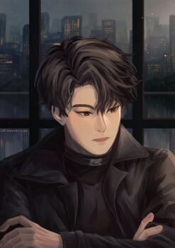 Rule 34 | 1boy, aegyo sal, asamanemo, belt collar, black coat, black eyes, black hair, black shirt, city, coat, collar, commentary, condensation, crossed arms, english commentary, highres, indoors, looking to the side, omniscient reader's viewpoint, open clothes, open coat, popped collar, shirt, short hair, solo, upper body, window fog, yoo joonghyuk