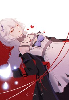 Rule 34 | 1girl, black gloves, black jacket, breasts, cleavage, closed eyes, closed mouth, dress, gloves, honkai (series), honkai impact 3rd, jacket, kallen kaslana, kallen kaslana (sundenjager), large breasts, long hair, open clothes, open jacket, red background, sammdr, solo, two-tone background, white background, white dress, white hair
