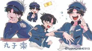 1boy black_hair blue_jacket blush commentary cropped_torso dripping_eye elbow_rest hat head_rest highres jacket laughing male_focus maruko_gaku multiple_views nose_blush open_mouth own_hands_clasped own_hands_together patchwork_clothes pointing red_eyes shirt short_hair the_hundred_line_-last_defense_academy- translation_request twitter_username white_background white_shirt yen yoshihumi442313