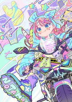 Rule 34 | 1girl, :q, absurdres, ako-chan (notamaru 2), blue eyes, blue hoodie, blush stickers, closed mouth, colorful, commentary request, green shoes, highres, hood, hood up, hoodie, long hair, long sleeves, motor vehicle, motorcycle, notamaru 2, original, pink hair, purple socks, riding, shoes, sneakers, socks, solo, tongue, tongue out