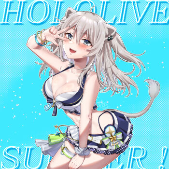 1girl absurdres ahoge animal_ear_piercing animal_ears arched_back bare_shoulders bikini bikini_skirt black_nails blue_background blue_skirt bow bracelet breasts cleavage commentary_request copyright_name cowboy_shot double-parted_bangs fangs fingernails front-tie_bikini_top front-tie_top gold_bracelet grey_bikini grey_eyes grey_hair hair_between_eyes hand_on_own_thigh highleg highleg_bikini highres hololive hololive_summer_2023_swimsuit jewelry large_breasts layered_bikini leaning_forward linea_alba lion_ears lion_girl lion_tail long_fingernails long_hair long_sidelocks looking_at_viewer messy_hair minatasiro multiple_bracelets nail_polish navel official_alternate_costume open_mouth overskirt pleated_skirt screentones shiny_skin shishiro_botan sidelocks sideways_glance skirt solo striped_bikini striped_clothes swimsuit tail thigh_strap two_side_up virtual_youtuber w w_over_eye waist_bow