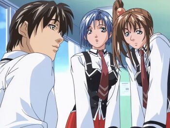 00s 1boy 2001 2girls animated animated_gif ass bible_black bible_black_night_of_the_walpulgiss blue_eyes blue_hair bow bowtie brown_hair classroom green_eyes hair_ornament imari_kurumi long_hair lowres minase_taki multiple_girls murai_ayumi necktie red_bow red_bowtie red_skirt school_uniform shirt short_hair side_ponytail skirt tagme