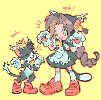 1girl aerith_gainsborough animal_ear_hairband animal_ears animal_hands apron bell black_dress black_fur boots braid braided_ponytail brown_boots brown_hair brown_shoes cait_sith_(final_fantasy) cat_ear_hairband cat_ears cat_paws crown dress fake_animal_ears final_fantasy final_fantasy_vii full_body gloves green_eyes hair_bell hair_ornament hairband highres lentymet loafers long_hair mini_crown neck_bell open_mouth parted_bangs paw_gloves paw_pose shoes single_braid smile socks tuxedo_cat two-tone_fur white_apron white_fur white_gloves white_socks yellow_background