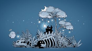 artist_name blue_background bone closed_eyes creature crescent_moon ghost glowing glowing_eyes grass halo highres holding holding_stick horns hoshikui moon night no_humans original plant shoutarou_(shoutarotttt) signature simple_background skeleton skull star_(sky) star_(symbol) stick tree