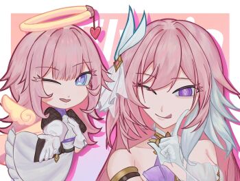 2girls ;p angel_wings bare_shoulders blue_eyes border breasts commentary_request corset diamond-shaped_pupils diamond_(shape) dress elf_elysia elysia_(herrscher_of_human:_ego)_(honkai_impact) elysia_(honkai_impact) gloves grayt_0328 hair_ornament halo honkai_(series) honkai_impact_3rd licking_lips long_hair looking_at_viewer medium_breasts multicolored_hair multiple_girls one_eye_closed pink_background pink_hair purple_eyes symbol-shaped_pupils tongue tongue_out two-tone_hair very_long_hair white_border white_corset white_dress white_gloves white_hair wings