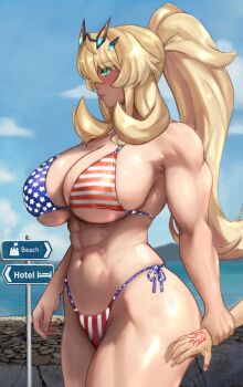 1boy 1girl abs absurdres american_flag american_flag_bikini american_flag_print bare_shoulders barghest_(fate) beach biceps bikini blonde_hair breasts cleavage command_spell fate/grand_order fate_(series) flag_print flag_print_bikini fujimaru_ritsuka_(male) green_eyes highres horns huge_breasts long_hair muscular muscular_female navel ponytail print_bikini raskasar solo_focus swimsuit thick_thighs thighs