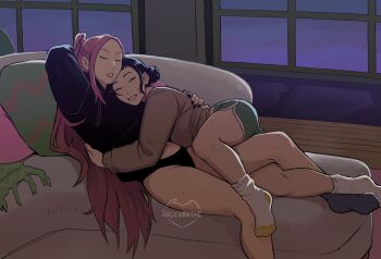 2girls arm_behind_head black_hair black_nails black_panties couch cuddling dolphin_shorts highres hug kpop_demon_hunters long_hair malevolent_lxix mira_(kpop_demon_hunters) multiple_girls on_couch panties pillow pink_hair shorts sleeping socks sweater thighs underwear very_long_hair window yuri zoey_(kpop_demon_hunters)