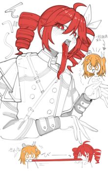 2girls character_request highres kasane_teto long_tongue multiple_girls pulling_tongue red_eyes red_hair sakanatabena12 tagme tongue tongue_out utau