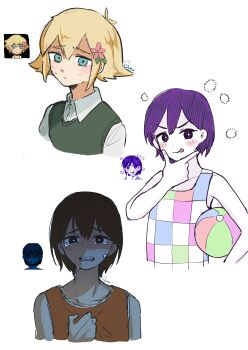 3boys absurdres antenna_hair artist_name ball basil_(faraway)_(omori) basil_(omori) black_eyes blonde_hair blue_eyes blush bright_pupils brown_hair checkered_clothes closed_mouth collarbone collared_shirt colored_skin commentary_request dark-skinned_male dark_skin double-parted_bangs dual_persona flower green_sweater_vest hair_between_eyes hair_flower hair_ornament highres holding holding_ball kel_(faraway)_(omori) kel_(headspace)_(omori) kel_(omori) looking_at_viewer multiple_boys omori purple_eyes purple_hair rami_1300 shirt short_hair sidelocks sketch smile sweat sweater_vest tank_top tongue tongue_out white_pupils white_shirt white_skin
