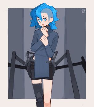 1girl animated animated_gif aqua_eyes aqua_hair asymmetrical_hair black_shorts blue_sweater blush border closed_mouth commentary cowboy_shot cyborg dated english_commentary hair_between_eyes highres holding_own_wrist kart_prowler long_sleeves looping_animation mechanical_legs medium_hair nyx_(kart_prowler) open_mouth original shorts sidecut signature solo sweat sweater turtleneck turtleneck_sweater undercut white_border