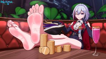 absurdres blue_eyes couch cup drinking_glass feet feet_together foot_focus gem gold highres honkai:_star_rail honkai_(series) legs merkotek money nail_polish numby_(honkai:_star_rail) plant smile soles space toenail_polish toenails toes topaz_(honkai:_star_rail) trotter_(honkai:_star_rail) white_hair window