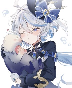 1girl ahoge animal ascot black_ascot black_gloves black_jacket blue_bow blue_eyes blue_hair blue_hat blush bow bubble closed_mouth commentary_request eyelash_ornament frilled_sleeves frills furina_(genshin_impact) genshin_impact gloves half_gloves hat hat_bow heart highres holding holding_animal jacket leisurely_otter_(genshin_impact) long_hair long_sleeves multicolored_hair one_eye_closed otter shell simple_background solo sorani_(kaeru0768) streaked_hair upper_body white_background white_gloves