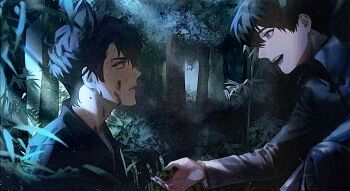 2boys animal_ears artbook black_eyes black_hair black_shirt blackbox_(blackbox9158) blood blood_on_face curtained_hair fox_ears highres kim_dokja light_rays looking_at_another multiple_boys night offering_hand official_art omniscient_reader&#039;s_viewpoint outdoors outstretched_hand serious shirt short_hair smile squatting third-party_source yoo_joonghyuk