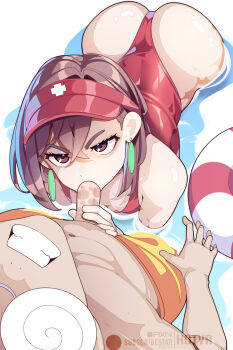 Rule 34 | 1boy, 1girl, ass, ayase momo, breasts, brown eyes, brown hair, clenched teeth, commentary, crossed bangs, dandadan, english commentary, fellatio, from above, glasses, hair between eyes, hetero, highres, hot vr, lifeguard, male swimwear pull, one-piece swimsuit, oral, partially submerged, pendant earring, penis, red one-piece swimsuit, round eyewear, short hair, swim ring, swimsuit, takakura ken (dandadan), teeth, uncensored, visor cap