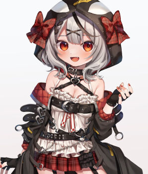 1girl :d aged_down akr_tmr animal_hood arm_up armpit_crease bare_shoulders belt belt_collar black_belt black_coat black_collar black_gloves black_streaks blush bow braid breasts camisole caution_tape center-flap_bangs chain cleavage coat collar commentary_request fang fingerless_gloves frilled_camisole frills gloves grey_hair hair_ornament half-skirt heart heart_o-ring highres hololive hood hood_bow hood_up jacket long_sleeves looking_at_viewer miniskirt multicolored_hair nail_polish o-ring off-shoulder_coat off_shoulder open_clothes open_coat open_mouth orca_hood plaid_bow plaid_clothes plaid_skirt pleated_skirt quilted_jacket red_bow red_eyes red_nails red_skirt sakamata_chloe sakamata_chloe_(1st_costume) side_braid single_braid skirt sleeve_cuffs small_breasts smile solo standing streaked_hair thigh_strap two-sided_fabric two-sided_jacket virtual_youtuber white_camisole x_hair_ornament