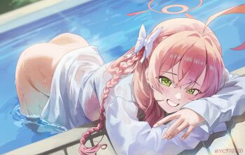 1girl absurdres ahoge ass bare_hips bent_over bikini bikini_top_only blue_archive blush bottomless bow braid breasts commentary_request day fingernails green_eyes hair_bow halo hanako_(blue_archive) hanako_(swimsuit)_(blue_archive) highres huge_ahoge large_breasts long_hair looking_at_viewer official_alternate_costume outdoors pink_hair pink_halo pool poolside shirt side_braid single_braid smile solo swimsuit very_long_hair wet wet_clothes wet_shirt white_bow white_shirt yc97