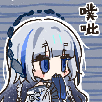 Rule 34 | 1girl, @ @, blue eyes, blue hair, blush stickers, chibi, chibi only, chinese commentary, chinese text, cui pi zha xia qiu, darkstar hubble (neural cloud), girls' frontline, girls' frontline neural cloud, grey hair, grey shirt, hubble (neural cloud), long hair, official art, own hands together, praying, second-party source, shirt, solo