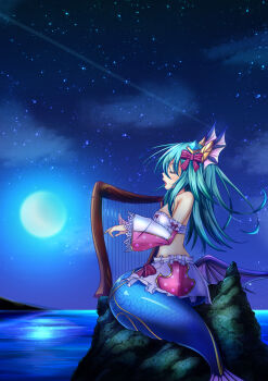Rule 34 | 1girl, aneten, blue hair, blue moon, closed eyes, detached sleeves, emil chronicle online, fins, frilled skirt, frilled sleeves, frilled tube top, frills, from side, hair ornament, hair ribbon, harp, head fins, holding harp, instrument, lorelei lore, mermaid, monster girl, moon, music, night, ocean, on rock, open mouth, pink skirt, pink tube top, red ribbon, ribbon, singing, skirt, sky, solo, star (sky), starry sky, strapless, tube top