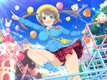 1girl artist_request backpack bag balloon blue_eyes blue_sky blue_socks breasts brown_hair cloud cloudy_sky day fang floating_hair hat japanese_clothes kindergarten_uniform large_breasts marvelous minori_(senran_kagura) official_art one_leg_raised open_mouth park polka_dot school_uniform senran_kagura shoes skirt sky smile socks twintails