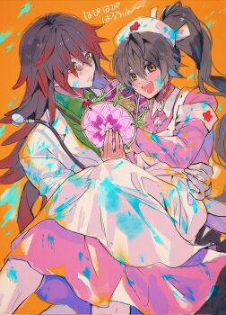 2boys carrying crossdressing crossdressing_(mtf) doctor glasses gororoneko green_eyes high_ponytail highres kurama_(rune_factory) looking_at_viewer male_focus multiple_boys nurse open_mouth ponytail princess_carry red_hair rune_factory rune_factory:_guardians_of_azuma subaru_(rune_factory) yaoi