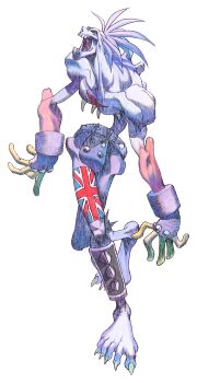 1boy belt bengus black_eyes darkstalkers fingerless_gloves full_body game_cg gloves highres lord_raptor non-web_source official_art open_mouth pants purple_hair red_pupils sharp_toenails simple_background solo spiked_hair toenails union_jack white_background zombie