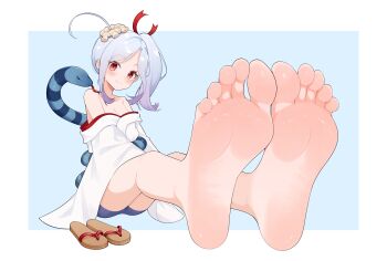 1girl absurdres barefoot blush feet geta grey_hair highres long_hair looking_at_viewer oshiro_project:re red_eyes shoes side_ponytail smile snake soles toes unworn_shoes wl217_(nicexa111) yakumo_(oshiro_project)