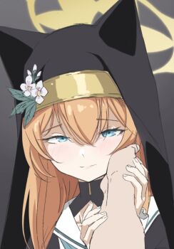 Rule 34 | 1girl, animal ear headwear, blue archive, blue eyes, blush, closed mouth, fake animal ears, flower, grey background, habit, halo, hand on another's cheek, hand on another's face, hat, hat flower, holding another's arm, light smile, long hair, looking at viewer, mari (blue archive), nun, orange hair, out of frame, pov, sailor collar, simple background, solo focus, vividnatadecoco, white sailor collar