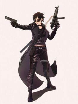 Rule 34 | 1girl, absurdres, aiming, belt, black hair, black pants, boruto: two blue vortex, breasts, choker, cosplay, crossover, dual wielding, dynamic pose, earrings, full body, gloves, gun, hanarteoficial, handgun, highres, holding, holding gun, holding weapon, jacket, jewelry, katana, leather, leather jacket, leather pants, long coat, midriff, naruto (series), pants, platform shoes, red eyes, sharingan, sheath, shoes, short hair, simple background, standing, submachine gun, sunglasses, sword, the matrix, trinity, trinity (cosplay), two-handed, uchiha sarada, weapon