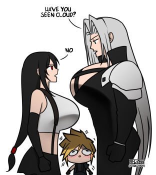 1boy 1girl absurdres armor azezazel black_coat black_gloves black_hair black_skirt blind_spot_(meme) blonde_hair blush breasts chest_strap chibi cloud_strife coat commentary crop_top elbow_gloves english_commentary english_text final_fantasy final_fantasy_vii final_fantasy_vii_remake from_side gloves green_eyes grey_hair height_difference highres huge_breasts huge_pectorals long_hair looking_at_another looking_up low-tied_long_hair meme motion_lines open_mouth profile red_eyes sephiroth short_hair shoulder_armor signature simple_background skirt spiked_hair suspender_skirt suspenders tank_top tifa_lockhart trembling twitter_username where_is_poor_(meme) white_background white_tank_top