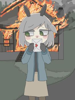 Rule 34 | 1girl, animal ears, bags under eyes, black gloves, black shirt, blue jacket, blush stickers, brown skirt, brown thighhighs, burning, colored eyelashes, fire, gloves, green eyes, grey hair, heart, holding, holding letter, house, jacket, jaggy lines, letter, looking at viewer, love letter, mentha (menthalovely), mint (menthalovely), original, outdoors, rabbit ears, shirt, shy, skirt, solo, straight-on, thighhighs, triangle nose