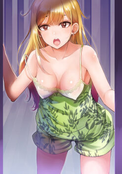 1girl blonde_hair blush breasts breasts_apart brown_eyes clothing_request collarbone commentary_request covered_erect_nipples ear_piercing earrings hand_up jewelry kitagawa_marin leaning_forward long_hair looking_at_viewer medium_breasts messy_hair official_alternate_eye_color open_mouth piercing shiroyukimajima solo sono_bisque_doll_wa_koi_wo_suru spaghetti_strap standing teeth upper_teeth_only