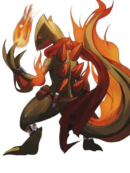 absurdres belt brown_belt closed_mouth colored_sclera commentary_request commission fire highres nintendo original pixiv_commission pokemon pokemon_(creature) red_scarf reo_(mmocc123) scarf shadow simple_background spines tail white_background yellow_sclera