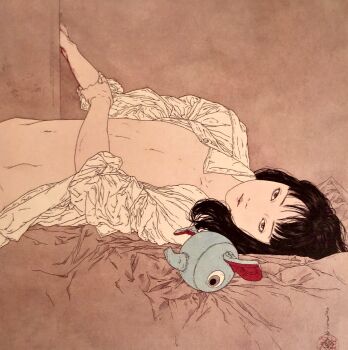 1girl acrylic_paint_(medium) artist_logo black_hair center_opening commentary commentary_request convenient_censoring cyclops dated_commentary fine_art_parody flat_chest highres hitotsume-kozou japanese_mythology logo looking_at_viewer lying mixed-language_commentary naked_shirt navel nihonga on_back one-eyed original out-of-frame_censoring painting_(medium) parody shirt signature solo tongue tongue_out toy traditional_media ukiyo-e white_shirt yamamoto_takato