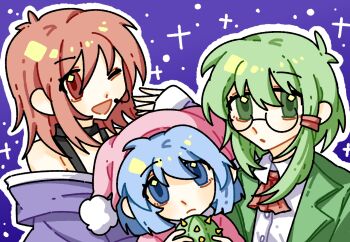 3girls bai_he black_choker blue_background blue_hair cactus choker commentary_request dress felia_(seihou) glasses green_eyes green_hair green_shirt hair_tie hat headset highres holding holding_plant ilia_(seihou) long_sleeves multiple_girls nightcap open_mouth pajamas pink_hair pink_pajamas plant purple_dress red_ribbon ribbon seihou shirt siblings sisters star_(symbol) strapless strapless_dress tolia_(seihou) tri_stars_(seihou)
