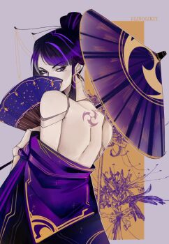 Rule 34 | 1girl, alternate costume, alternate hairstyle, alternate universe, artist name, back, back tattoo, bare back, bare shoulders, blinolikiy, earrings, electro symbol (genshin impact), from behind, genshin impact, glaring, hair up, hand fan, highres, holding, holding umbrella, humanoid robot, japanese clothes, jewelry, joints, kimono, looking at viewer, looking to the side, mole, mole under eye, multicolored hair, off shoulder, oil-paper umbrella, purple eyes, purple hair, purple kimono, raiden shogun, raiden shogun (magatsu mitake narukami no mikoto), robot, robot joints, solo, standing, streaked hair, tattoo, umbrella, upper body