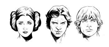 1girl 2boys carmen_carnero double_bun greyscale hair_bun han_solo luke_skywalker monochrome multiple_boys princess_leia short_hair simple_background star_wars star_wars:_a_new_hope white_background