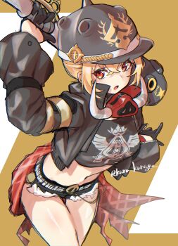 1girl artist_name baseball_bat blonde_hair blush breasts gloves hat helmet holding holding_weapon jacket kara_kurage luciana_de_montefio mask navel open_mouth red_eyes shorts skirt small_breasts torn_clothes two-tone_background weapon white_background yellow_background zenless_zone_zero
