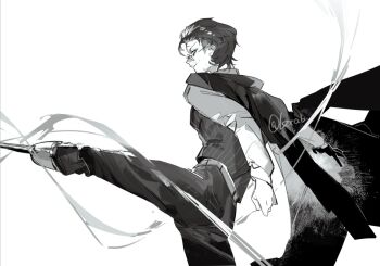 1boy bags_under_eyes beard_stubble black_gloves black_jacket black_necktie clenched_hand collared_shirt facial_hair foot_out_of_frame glasses gloves gregor_(project_moon) greyscale hair_slicked_back holding holding_sword holding_weapon jacket jacket_over_shoulder krab_(fumekrab) limbus_company looking_at_viewer looking_back male_focus monochrome motion_lines narrowed_eyes necktie night_awls_(identity)_(project_moon) official_alternate_costume peg_leg project_moon scar scar_on_face shirt solo striped_clothes striped_vest stubble sword unworn_jacket vest weapon white_shirt wind