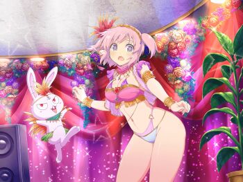 +_+ 1girl animal_ears armlet belly_chain blue_eyes blue_gem blue_panties blush bra bracelet breasts brooch cleavage curtains dancer detached_collar double_bikini feather_hair_ornament feathers flower flower-shaped_pupils flower_pot game_cg garland_(decoration) gem gold gold_armlet gold_bracelet gold_hairband gold_trim green_flower green_scarf green_skirt groin hair_ornament hairband headdress heart heart_brooch heart_o-ring hibari_(senran_kagura) indoors jewelry large_breasts leaf light_particles linea_alba looking_at_viewer midair navel ninto_(senran_kagura) non-circular_lens_flare o-ring official_alternate_costume official_art open_mouth orange_flower orange_rose panties pink_bra pink_flower pink_hair pink_pupils pink_rose plant potted_plant purple_bra purple_flower purple_panties purple_rose rabbit rabbit_ears red_eyes red_flower red_gem red_rose revealing_clothes rose samba_costume scarf senran_kagura senran_kagura_new_link shiny_skin short_hair short_twintails skindentation skirt sparkle speaker standing star_(symbol) stomach strapless strapless_bra symbol-shaped_pupils tassel tongue twintails underwear yellow_flower yellow_rose