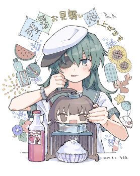 eyepatch flower food fruit grapes green_eyes green_hair hat highres ice_cream ice_cream_machine ice_cream_maker kantai_collection kiso_(kancolle) kiso_kai_ni_(kancolle) kuma_(kancolle) narukan neckerchief popsicle red_neckerchief rigging sailor_hat school_uniform serafuku short_sleeves sunflower watermelon